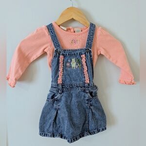 Disney Classic Pooh Embroidered Denim Jumper Dress with Pink Ruffle Long Sleeve